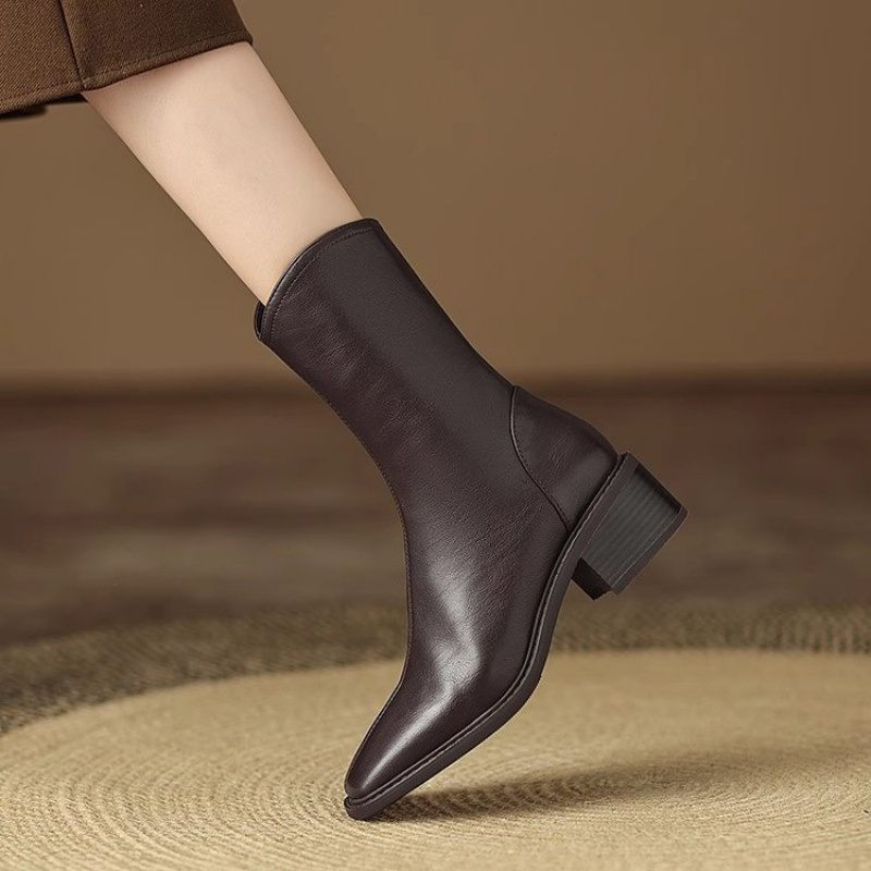 Women Square Toe Leather Ankle - Vintage Fashion Dresses ulasan dan harga